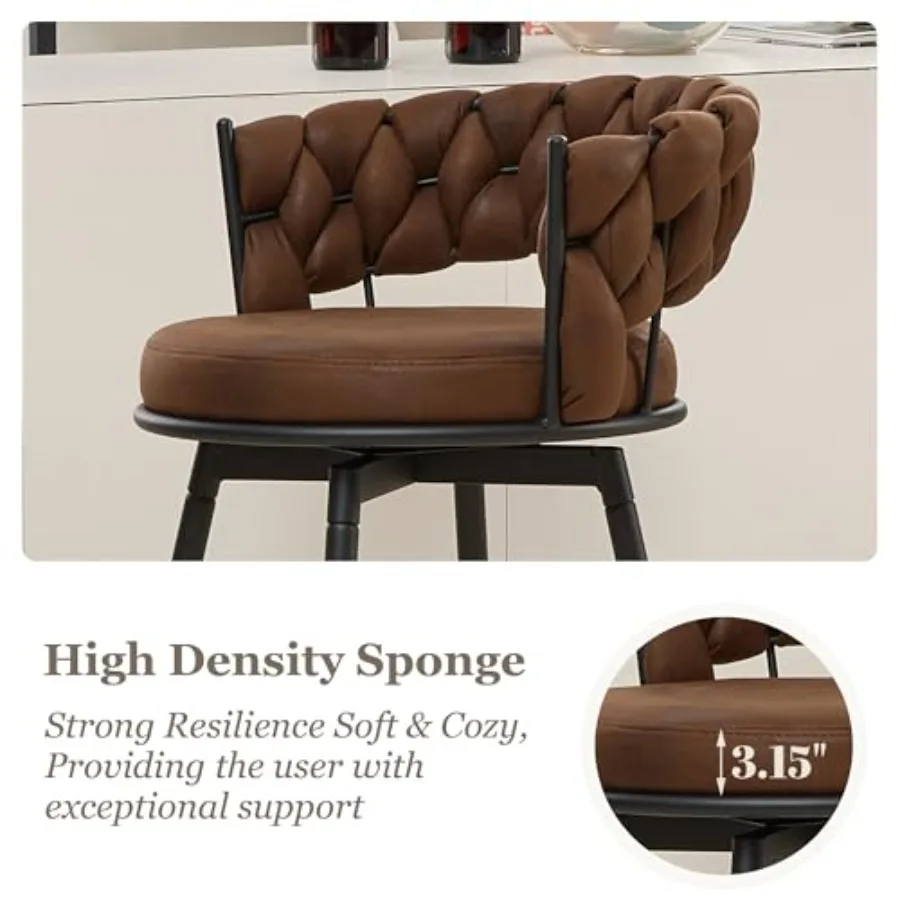 طقم مقاعد بار بنية مكون من 3 مقاس 28 بوصة مقعد بارتفاع عداد مع أرجل معدنية 360 مقاعد دوارة مع تنجيد جلدي خلفي منسوج #5