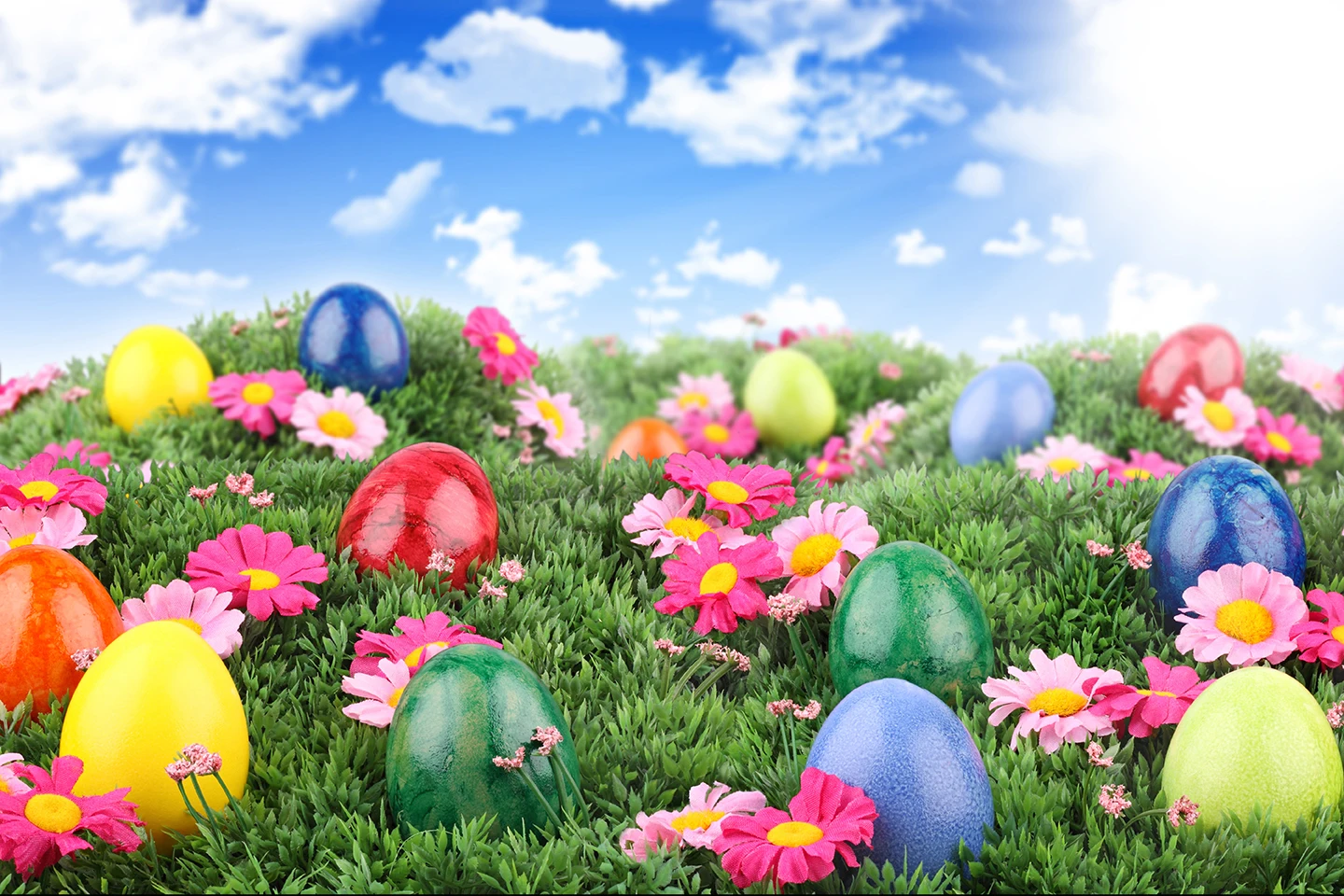 Spring Grassland Blue Sky Backgrounds For Happy Easter Flowers Eggs Rabbit Lawn Photography Baby Portrait Backdrops Photozone