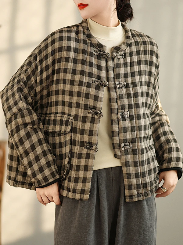 

Женская свободная теплая клетчатая верхняя одежда в стиле ретро с воротником на пуговицах и воротником-стойкой, зимнее пальто Fem Faion