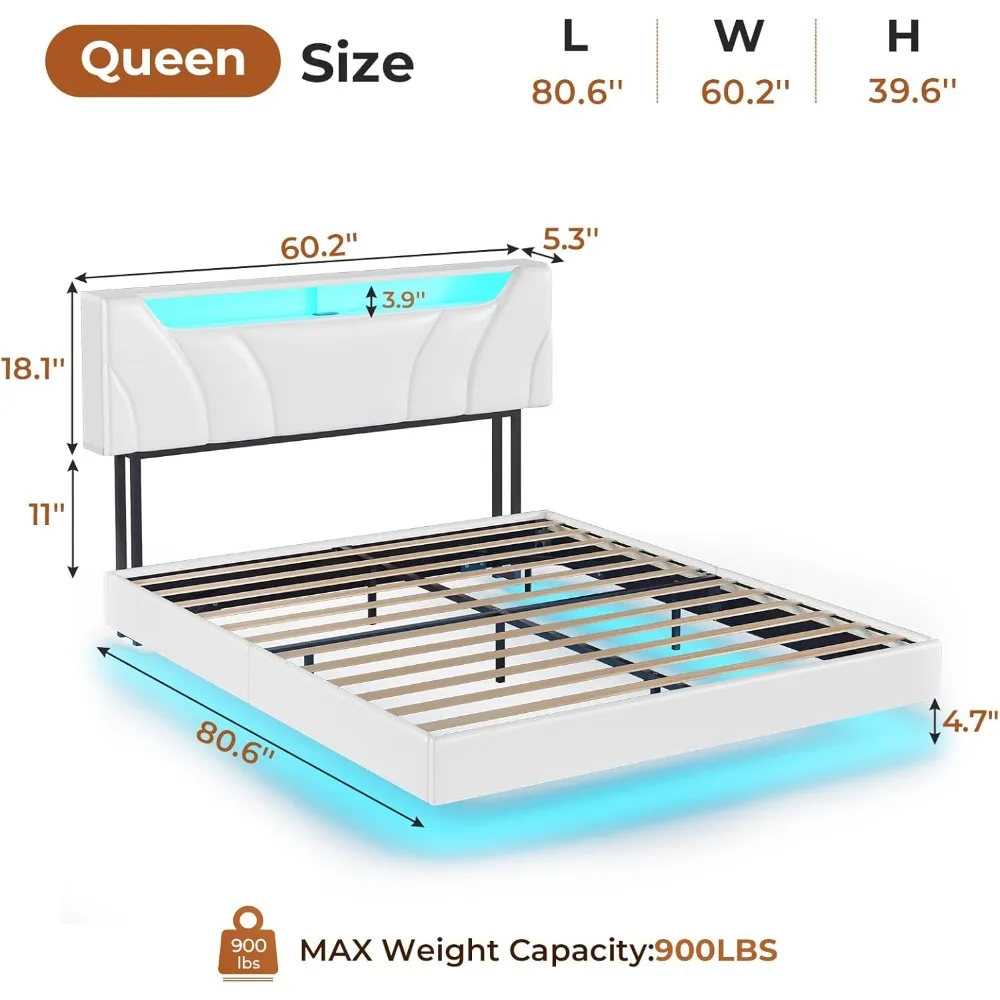 Floating Bed Frame with RGB LED Lights with Storage Headboard, USB & Type C Port Upholstered Queen Size Platform Bed Frame