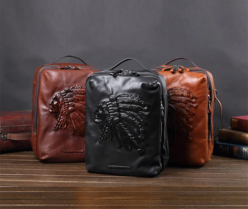 Handmade Vintage Men Backpack Computer Bag Travel Backpacks Head Layer Cowhide Original Indian European and American Leather Big