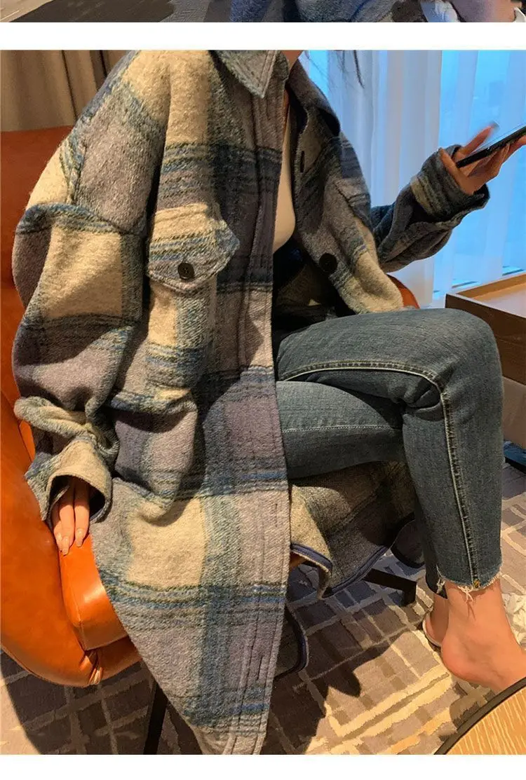 Shirt Style Brushed Plaid Coat Plus Size Autumn And Winter New Korean Version Loose And Lazy Medium Long Plaid Coat For Women