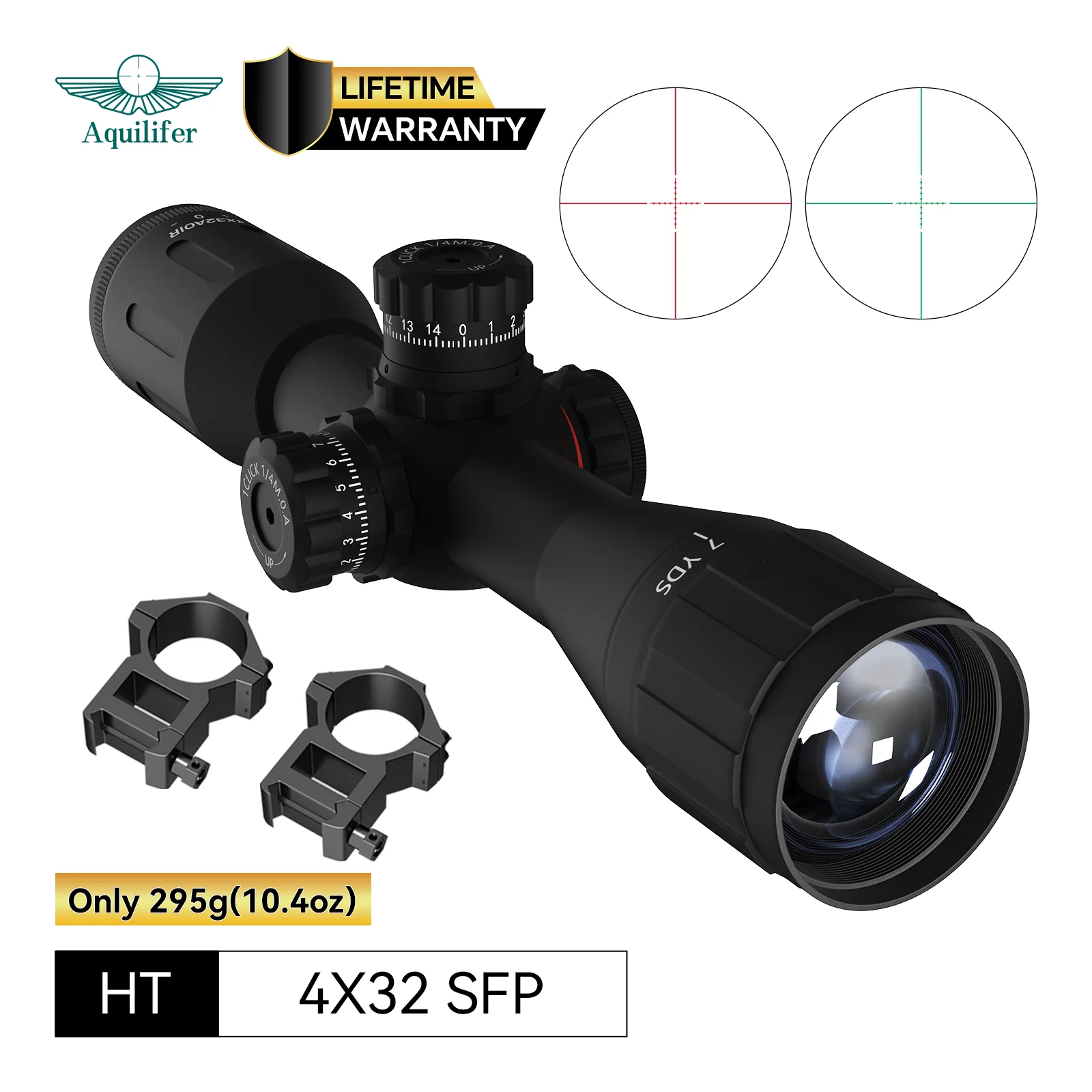 

Aquilifer 4x32 AO Hunting Rifle Scope Red Green Illumination 295g for 22LR Rimfire AR AK with Scope Rings Included