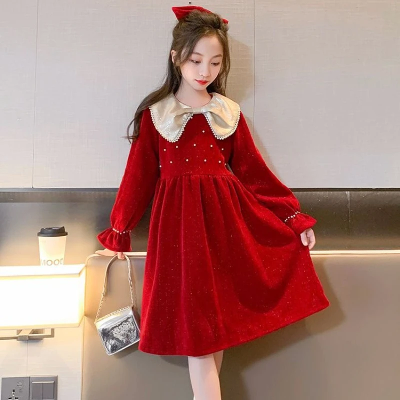 Red Peter Pan Collar Princess Dress Girls Spring Autumn Party Gown Kids Clothing