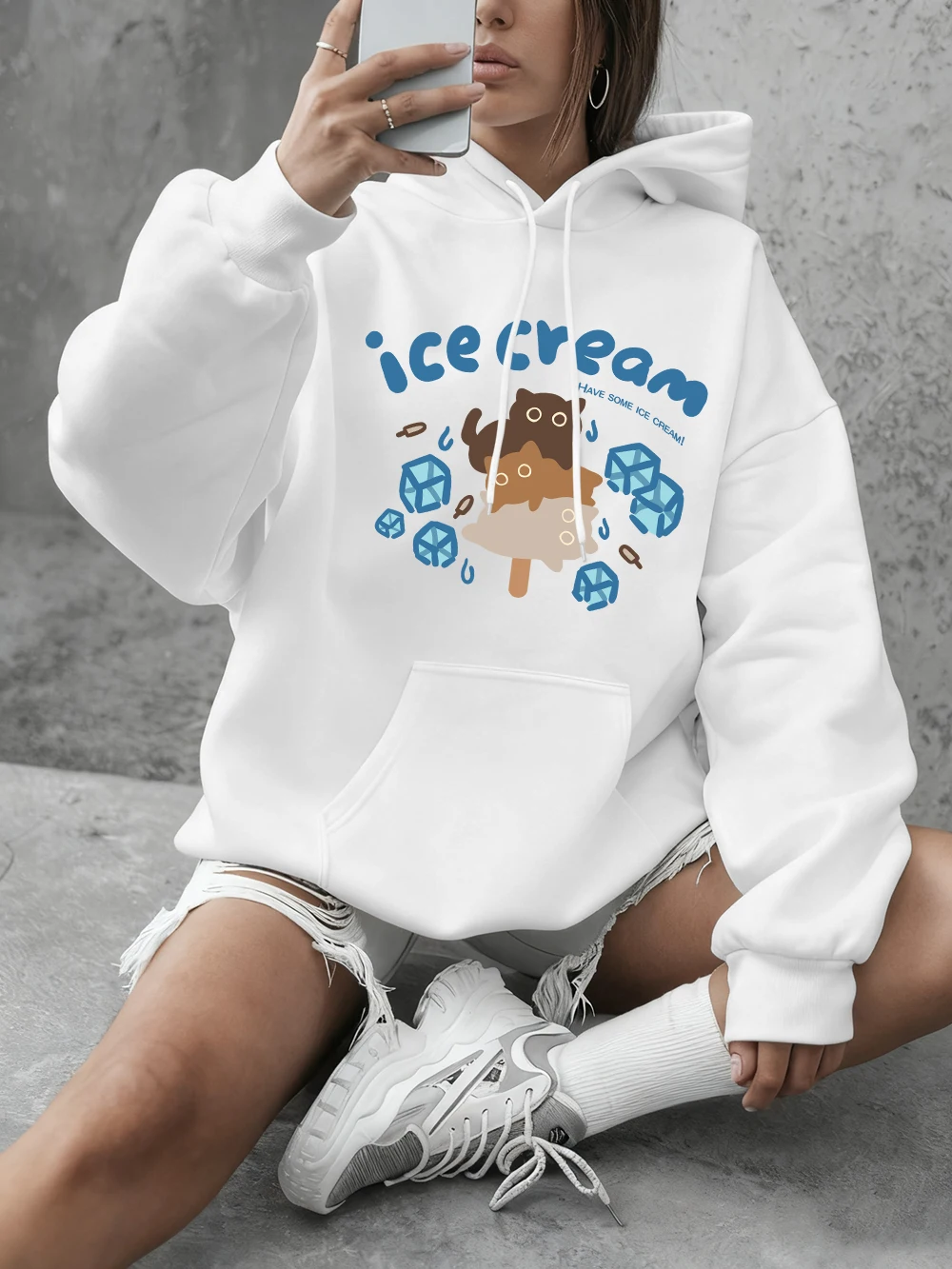 

Толстовки с принтом кошек и мороженого, женские базовые толстовки с круглым вырезом, повседневная свободная одежда, зимняя флисовая теплая спортивная одежда