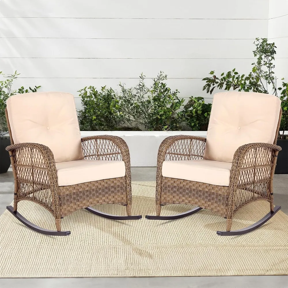 

Outdoor Wicker Patio Rocking Chair Rattan Rocking Chair with Cushions with Steel Frame and Weather Resistant Beige Cushions