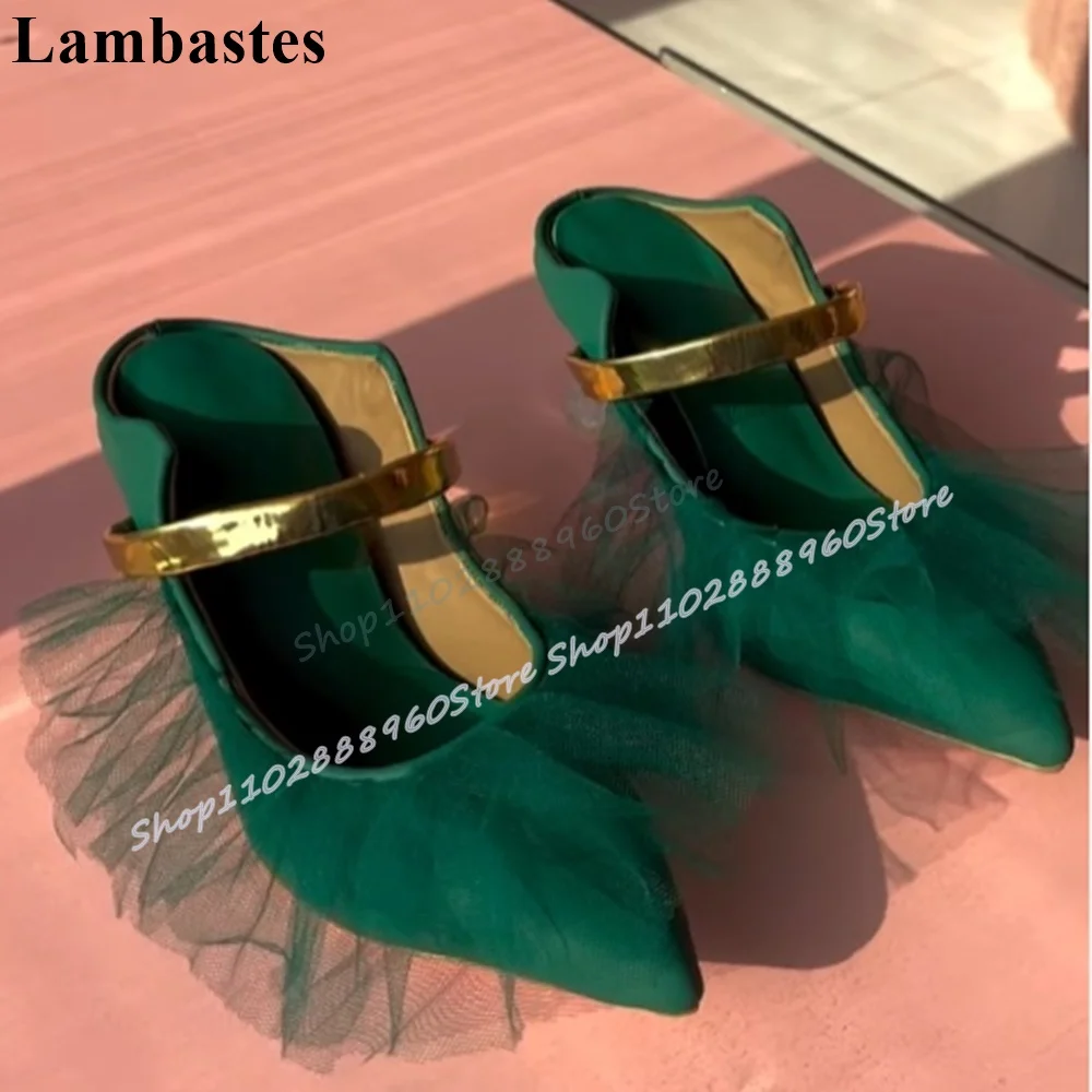 

Luxury Green Gold Strip Air Mesh Ruffles Slippers Stilettos High Heel Shoes For Women Slip On Pointed Toe Fashionable Slippers