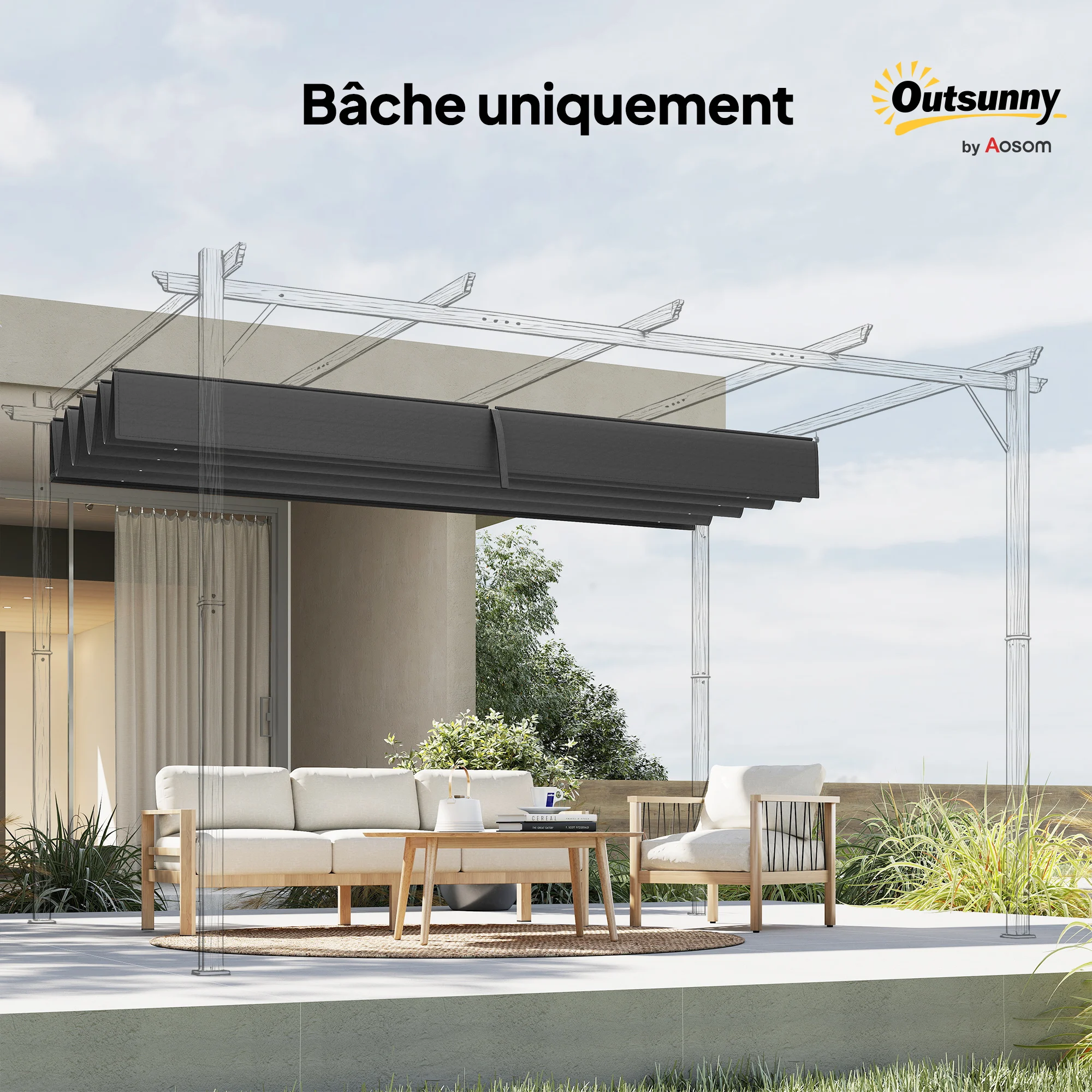Pergola Cover Roof, 2.86 x 2.45 m Retractable Sun Shade Top for 3 x 2m Pergola Frame, UV30+ Protected, Dark Grey