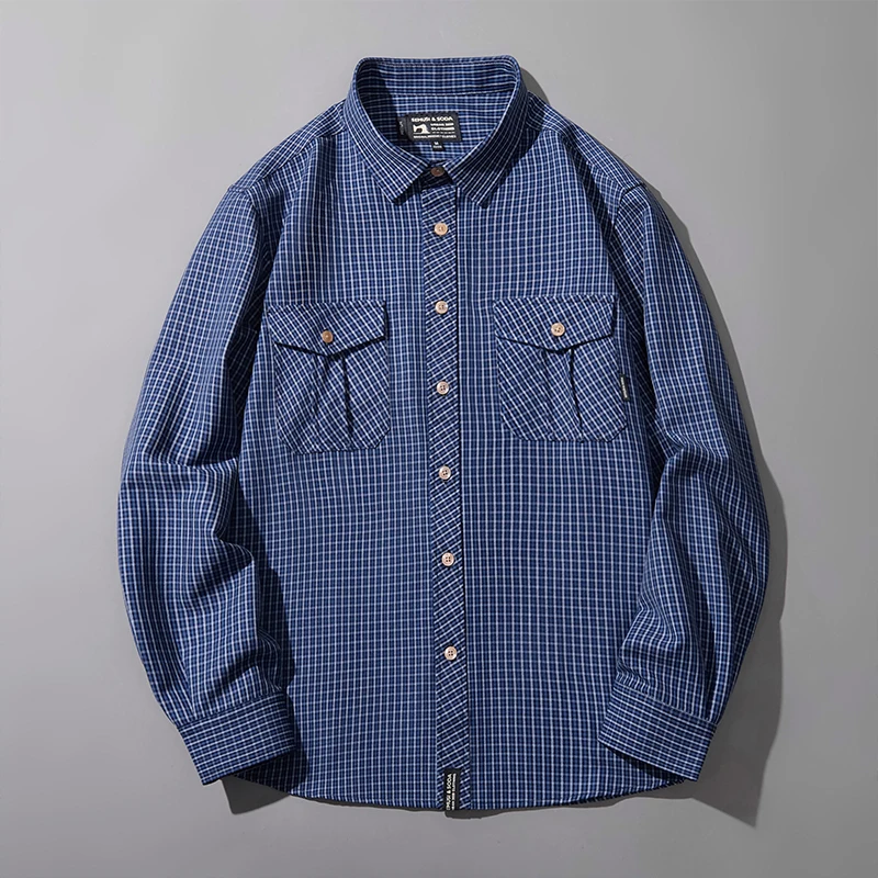 

2023 Men Spring Shirt Blue Color Plaid Soft Men Autumn Shirt Cardigan Wear-resistant Spring Shirt Big Size