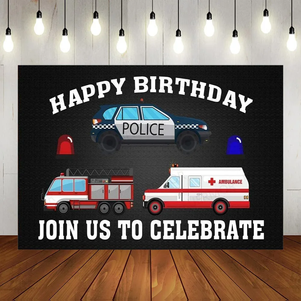 

Happy Birthday Backdrop Police Cars Firetruck Ambulance Theme Background Photography Red and White Background Decoration Props