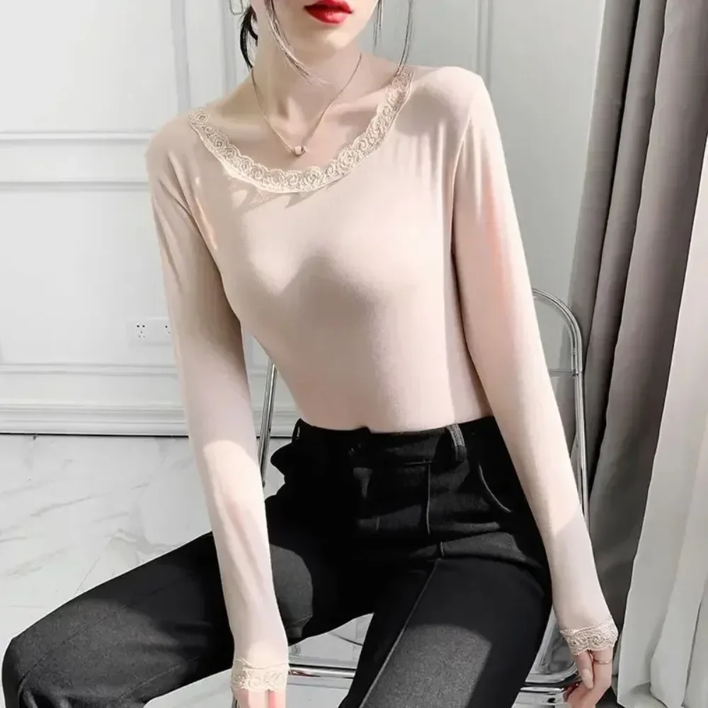 Spring Autumn Women Thermal Underwear Long Sleeves Bottoming Shirt Pullover Elastic Casual Solid Ladies Basic Thermal Tops