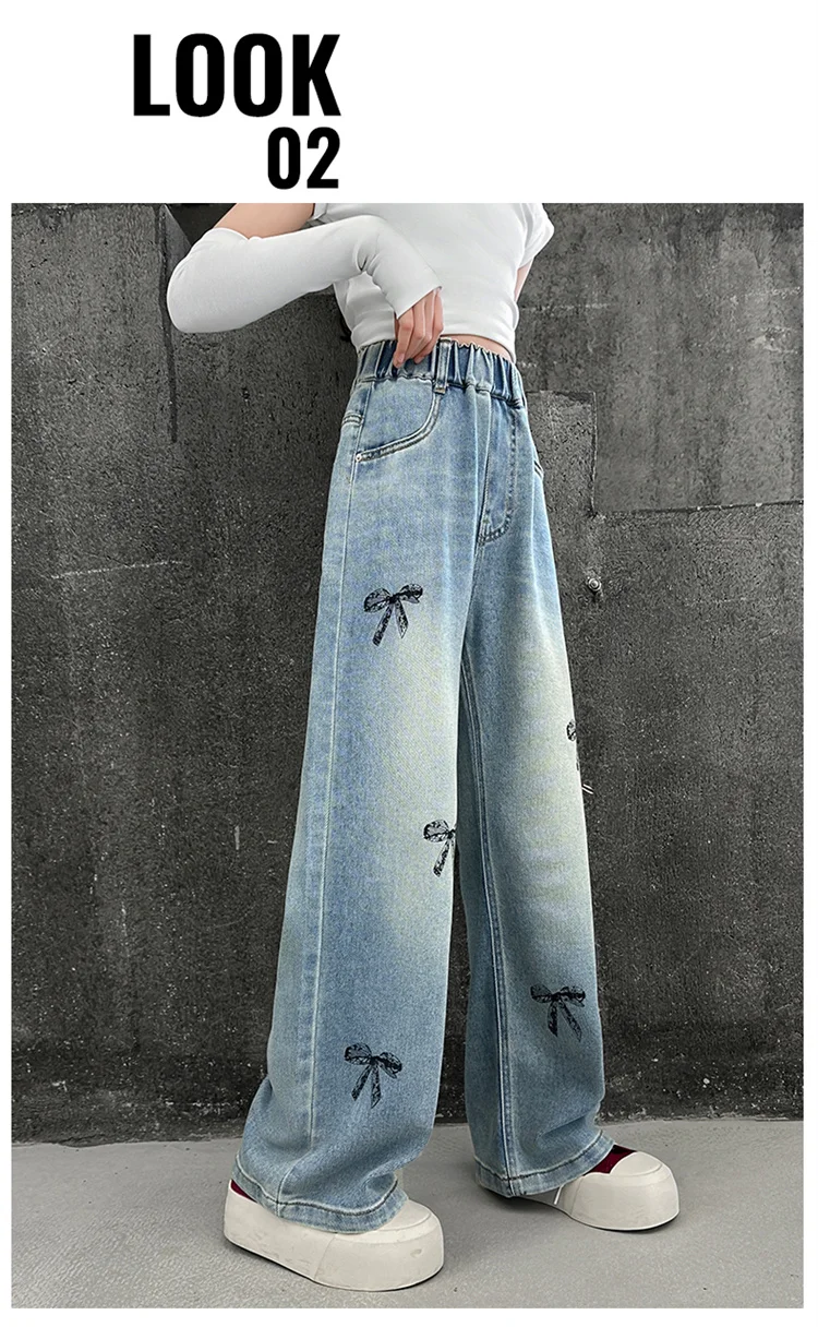Neue Frühlings- und Herbst-Kinderjeans mit Schleifen für Mädchen, High-Street-Denimhosen mit geradem Schnitt für Teenager, lässige Kinderjeans, Hosen 5-14 Jahre – Detail 7