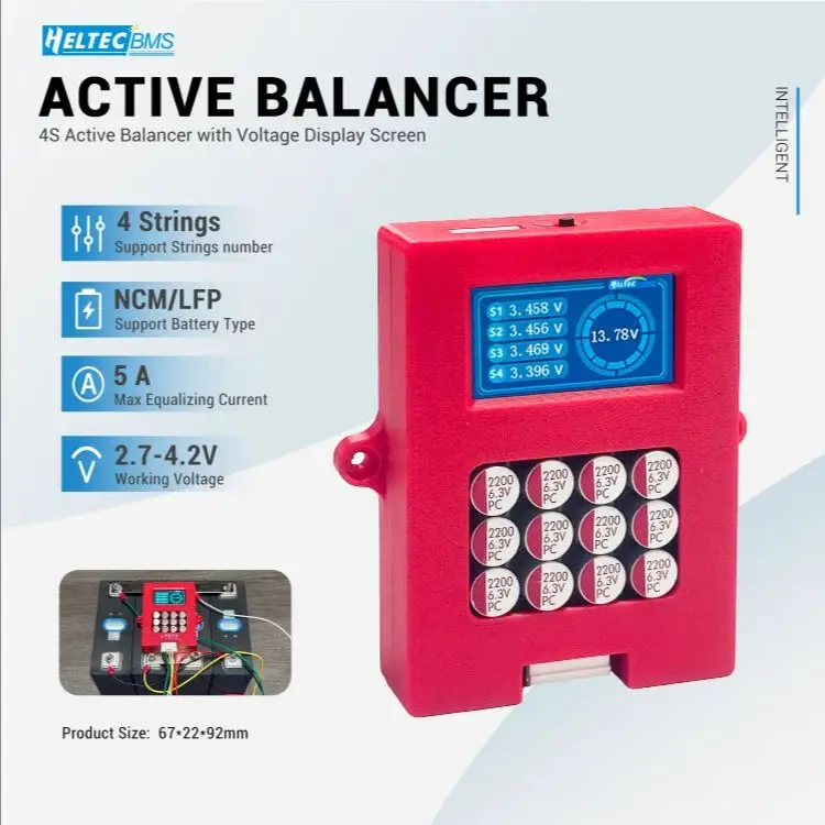 Heltec DS0855N Active Balancer 4S 5A Lithium LiFePO4 Battery Equalizer with Blue LCD Voltage Display Screen & Test Port for 12V Battery Pack