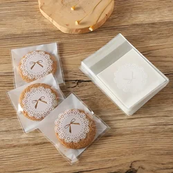 100pcs White Bow Pattern Self Adhesive Bags,Clear Plastic Bag For Cookie, Cake, Chocolate, Candy, Snack Wrapping