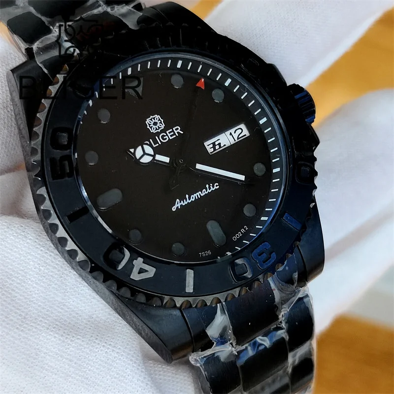 

BLIGER 40mm Sapphire Glass Japan NH36A Autoamtic Watch For Men Full Black Dial Luminous PVD Case Curved Week Display Waterproof