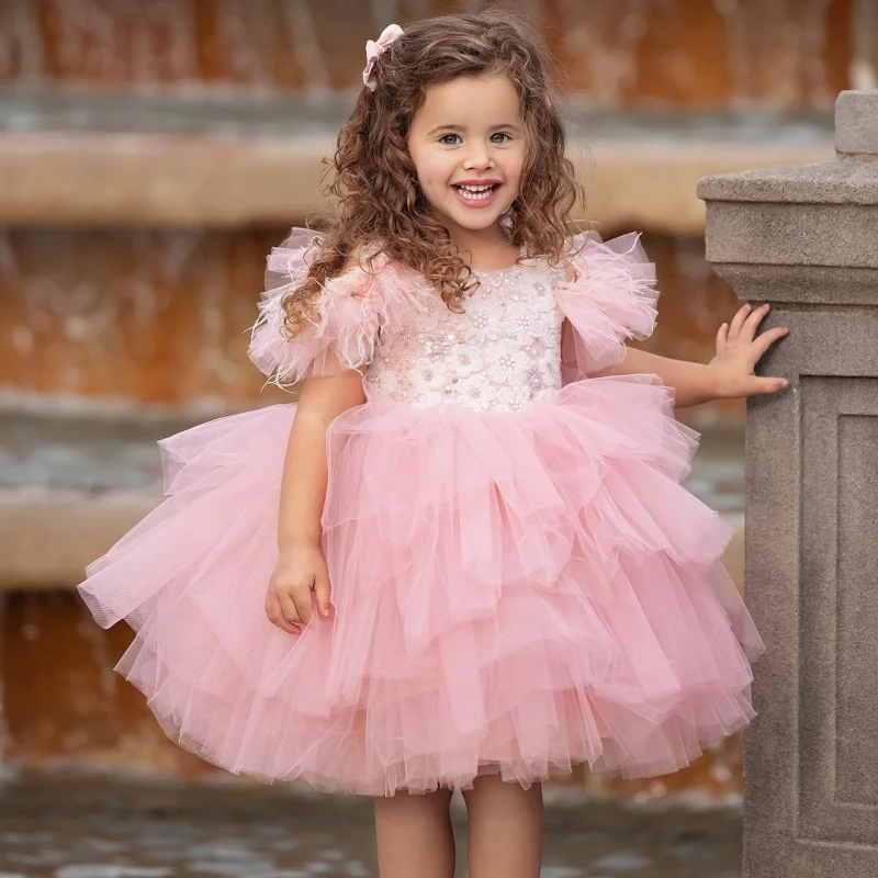 

Flower Girl Dresses Pink Tulle Puffy Flower Appliques Tiered Short Sleeve For Wedding Birthday Party Holy Communion Gowns