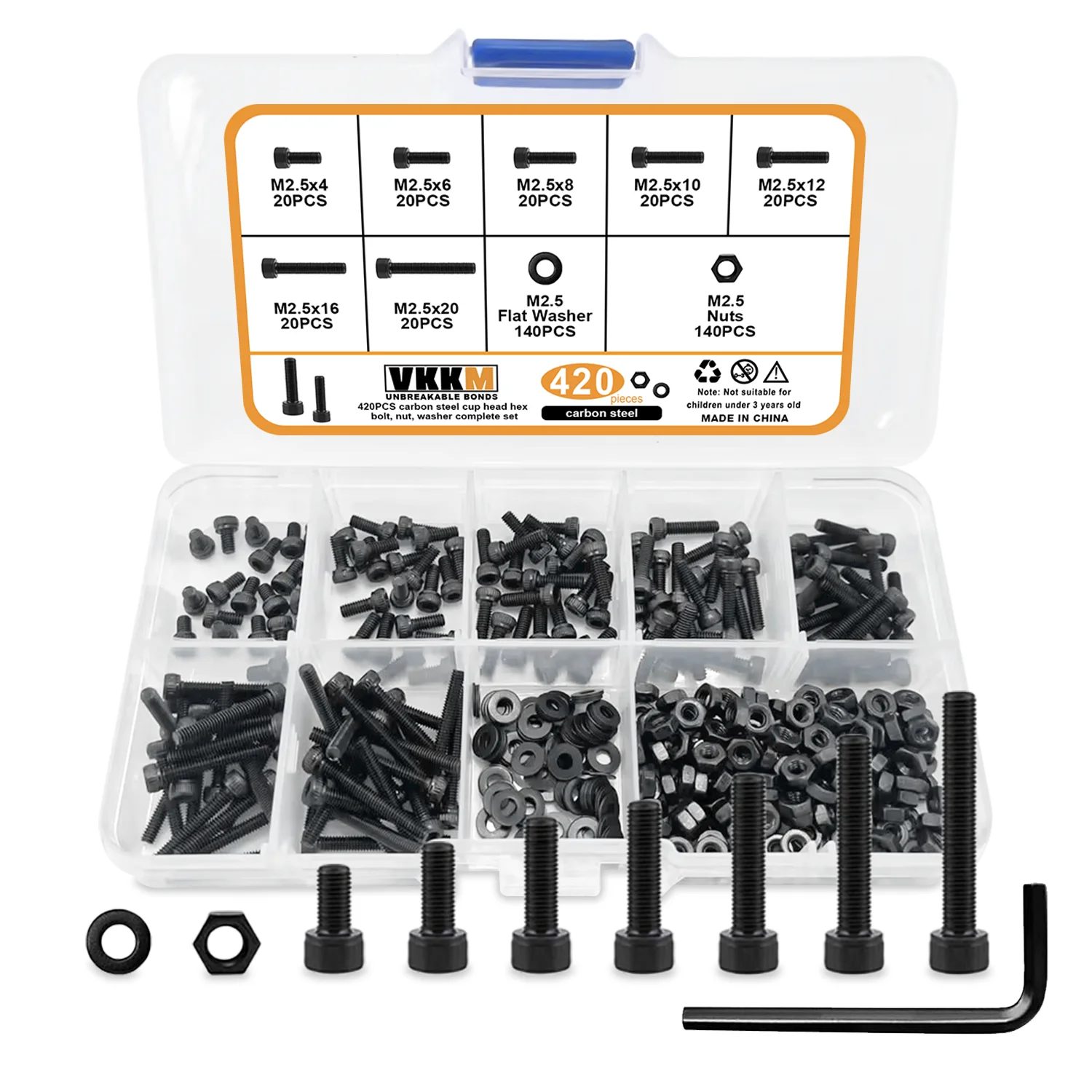 420Pcs Cup Head Hex Screw, M2.5x4/6/8/10/12/16/20mm Hex Head Screw Washer, Nut Set, Allen Wrench, For Service