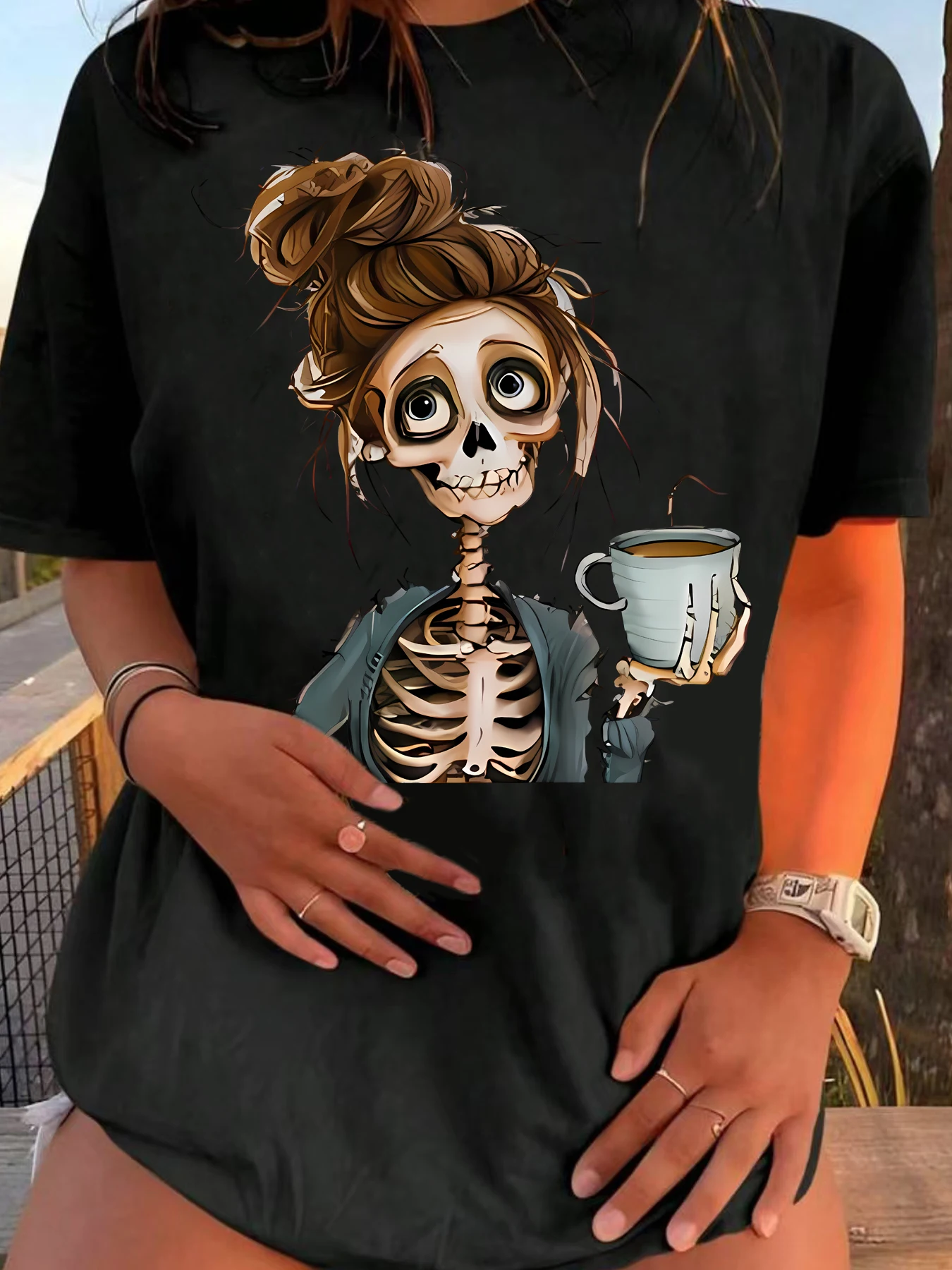 

Женская футболка Lady Skull with a Drink больших размеров с круглым вырезом и короткими рукавами, эластичными полурукавами и модными принтами