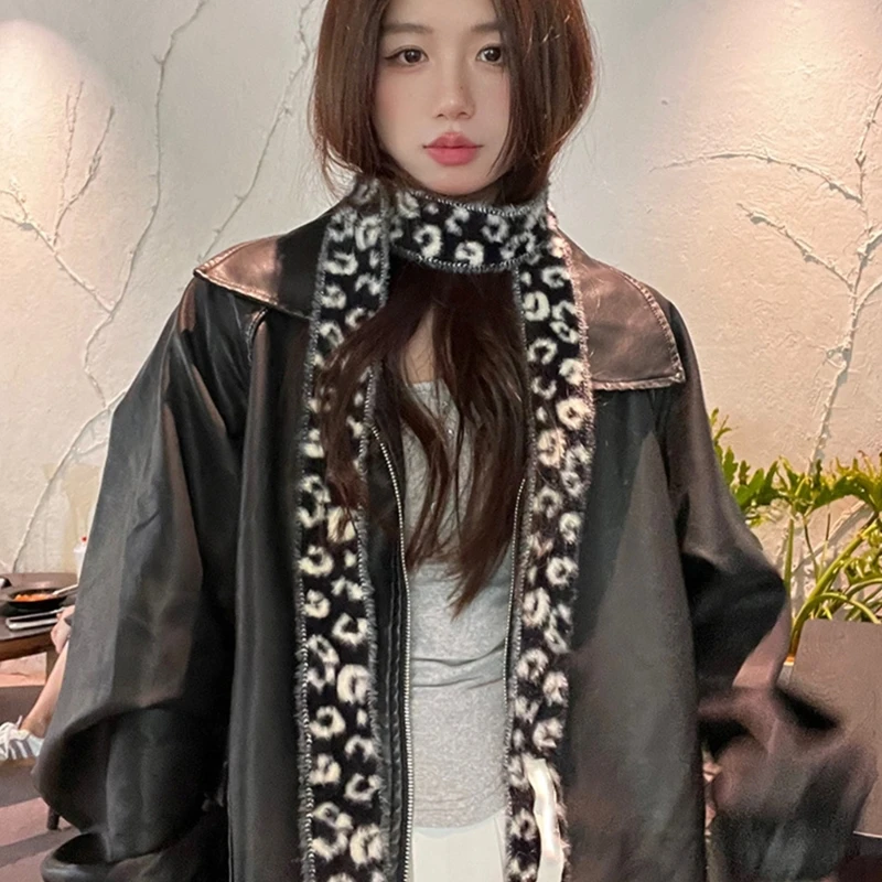 Women Fashion Leopard Print Skinny Scarf Y2K Girls Furry Thin Knit Neck Wrap Long Choker Scarf Street Neckerchief Photo Props