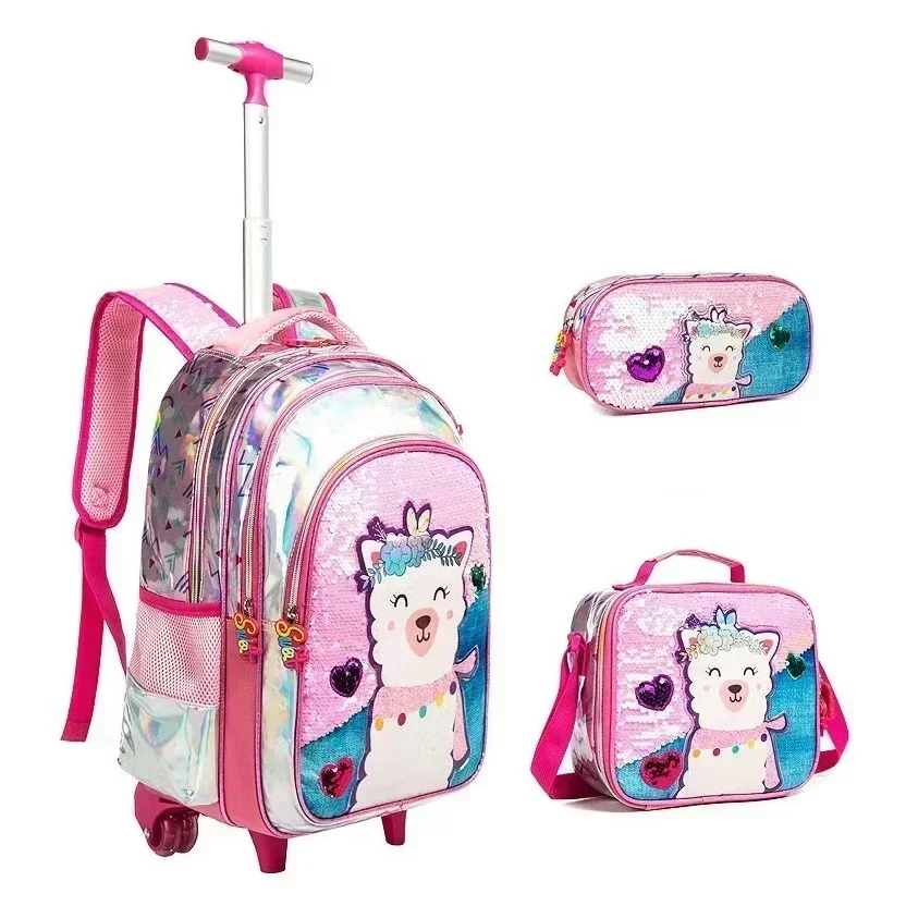 

Primary Child School Backpacks Sequin Girl Backpacks with Lunch Box for Elementary Students Children's Backpack Girl Wheel