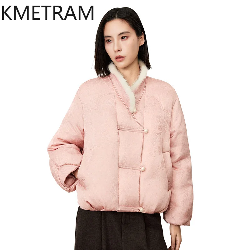 

KMETRAM 95% White Goose Down Jackets Women Mink Fur Collar Coat Chinese Style Jacquard Short Down Coat Winter Woman Clothes 2026