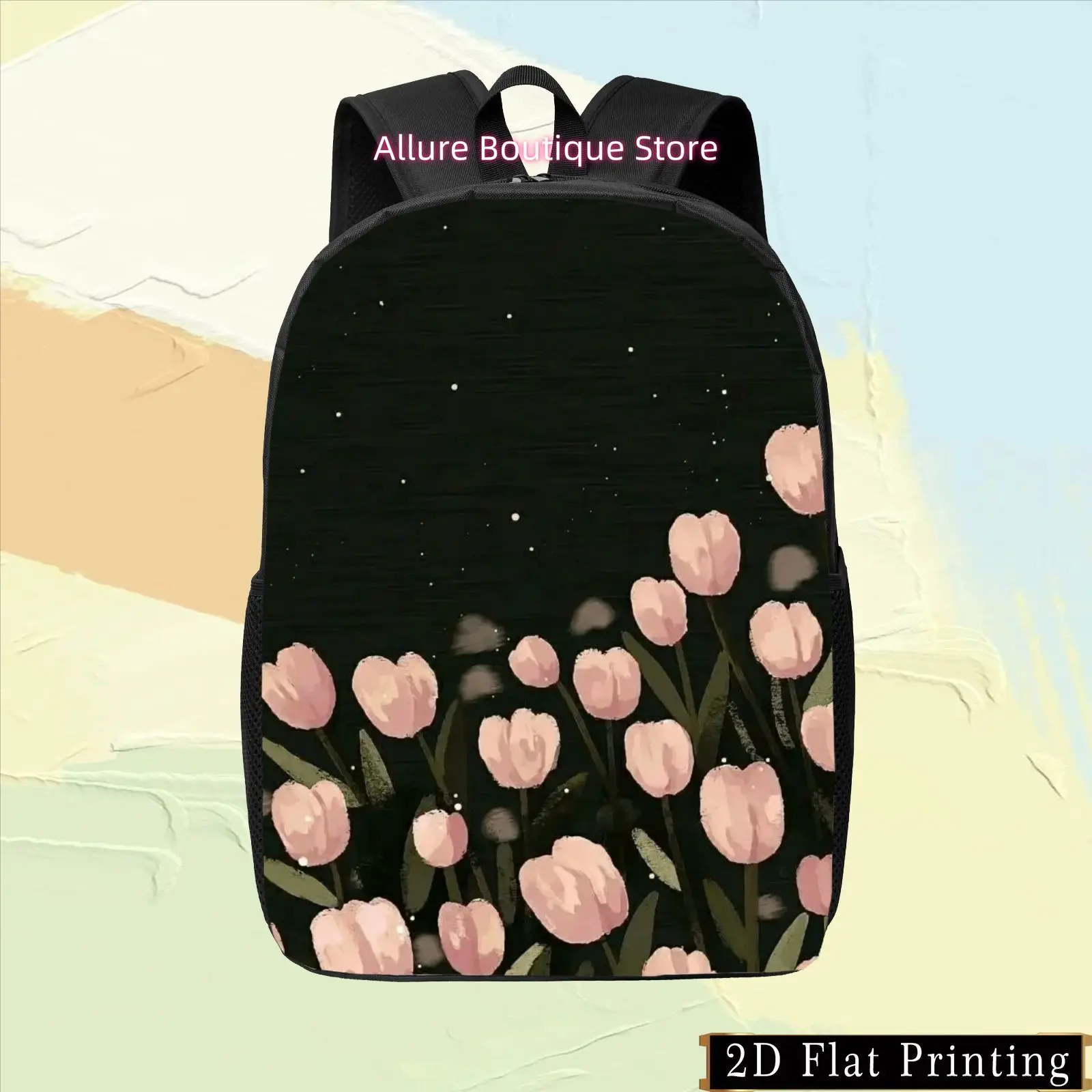 1pc Colorful Single-Sided Print Backpack, Hand-Washable Black Bag with Pink Tulip and Green Leaf Pattern, Versatile Commuter Sho