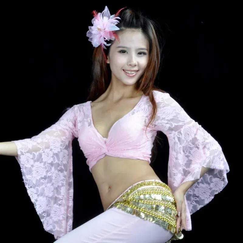 Blusa de renda para dança do ventre, manga borboleta, prática de dança, xale, renda com cadarço para mulheres adultas, manga trompete, blusa de dança quadrada