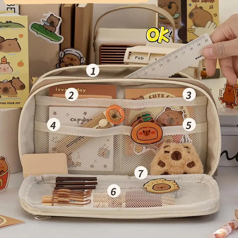 Trousse à Crayons en Tissu Ka-waii de Grande Capacité Capybara, Sac à Fermeture Éclair Animal pour Enfants, Poudres de Stylo, Fournitures Scolaires
