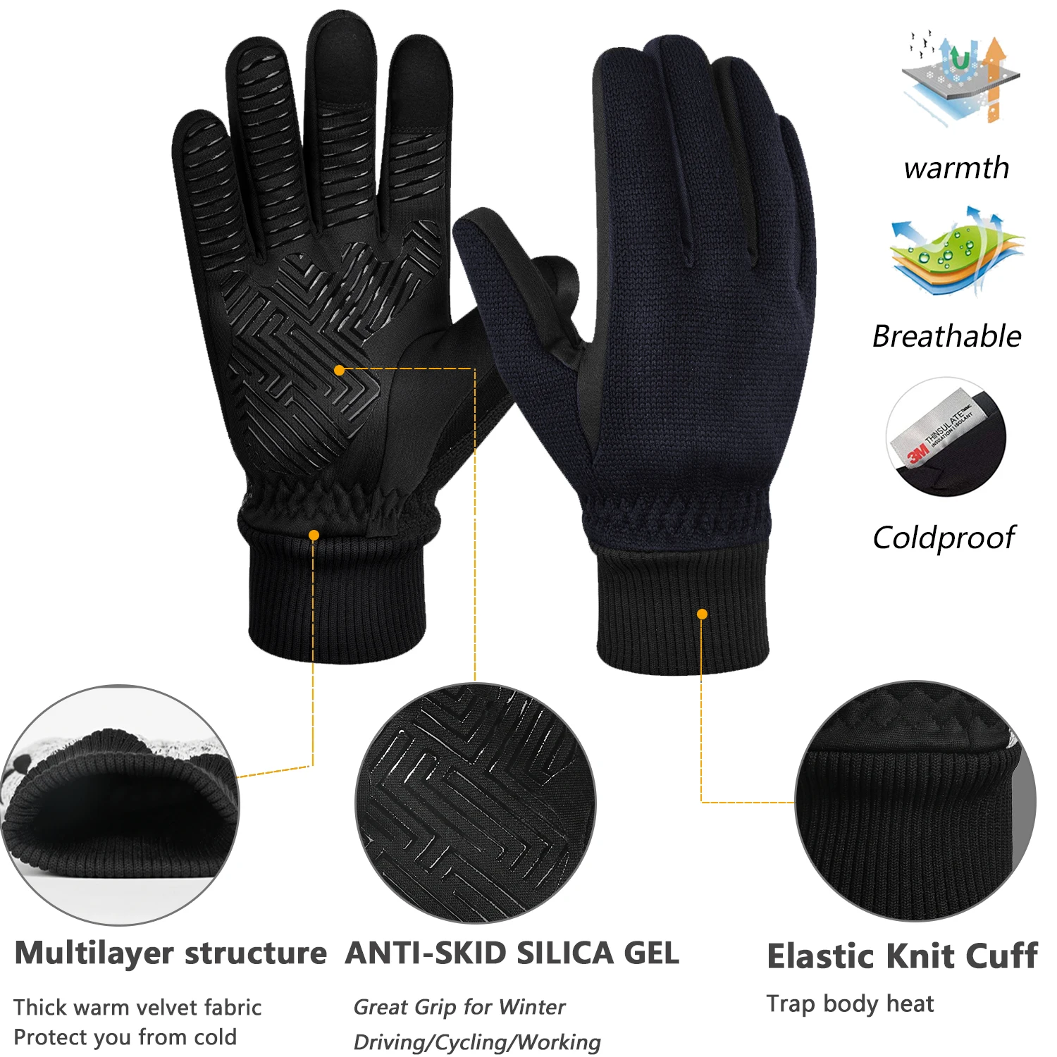 MOREOK Winterhandschuhe 3M Thinsulate Warme Handschuhe Anti-Rutsch-Fäustling Touchscreen Fahrrad-Fahrradhandschuh zum Fahren, Skifahren, Laufen, Wandern