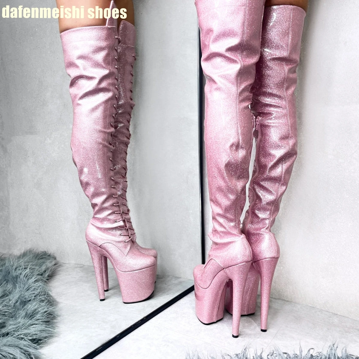 Red Round Toe Lace Zipper High Heels Over The Knee Boots Shiny Patent Leather Women Platform Boots Sequins New Fashion Shoes