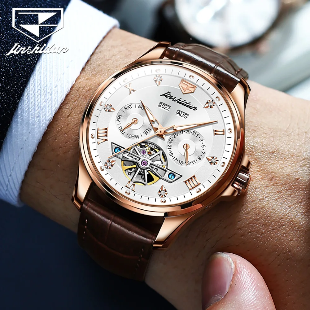 JSDUN 8926 Automatic Men\'s Watches Skeleton Design Waterproof Leather Strap Luxury Top Brand Men Wristwatch Genuine Original