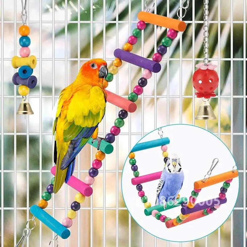 Bird Cage Toys for Parrots Wood Birds Swing Reliable Chewable Bite Bridge Wooden Beads Shape Parrot Toy 11pcs Bird Toys