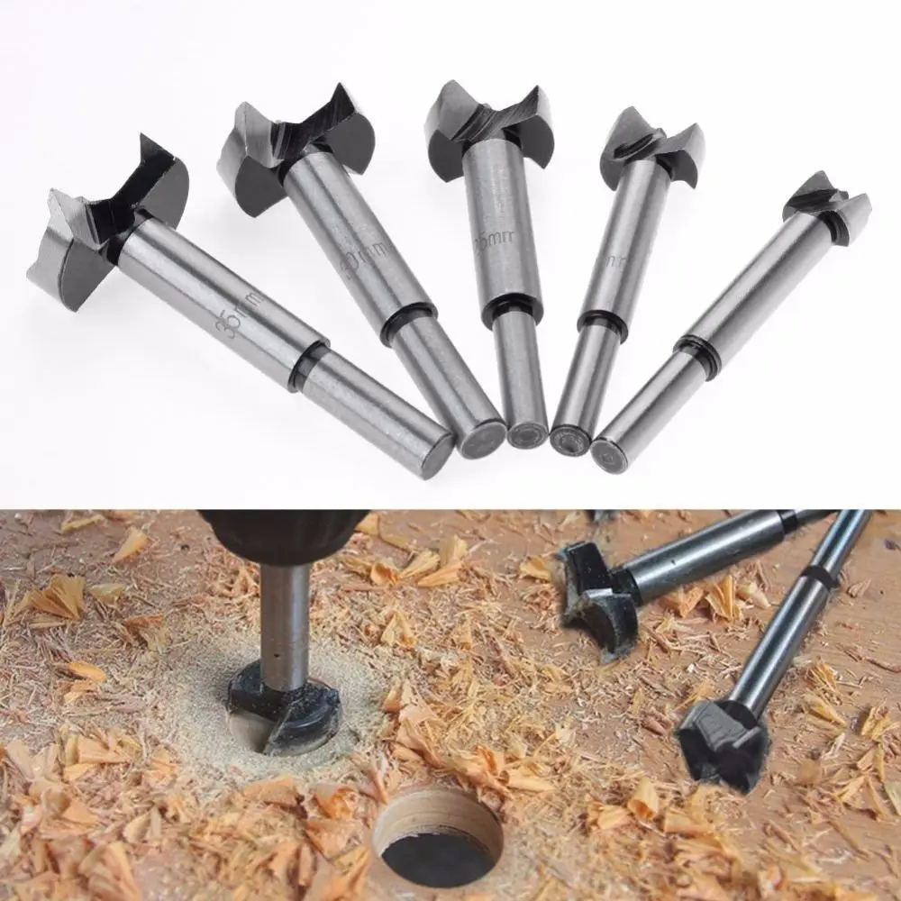 5 Pcs Round Shank Wood Drill Bit Set Boring Hole Drill Guide Cup Style Hinge Jig Hole Cutter Silver Door Hole Template