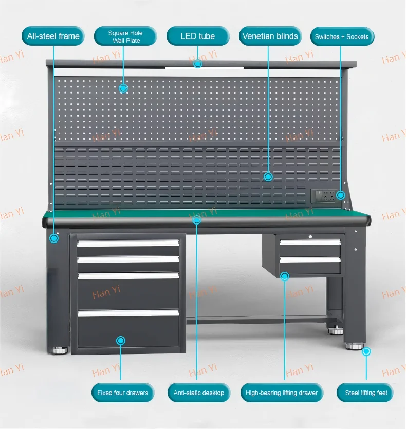 Garage Heavy Duty Steel Workbench Storage Cabinet Tool Hanging Board Drawers-OEM Available 1000kg Load Capacity 3-Year Warranty