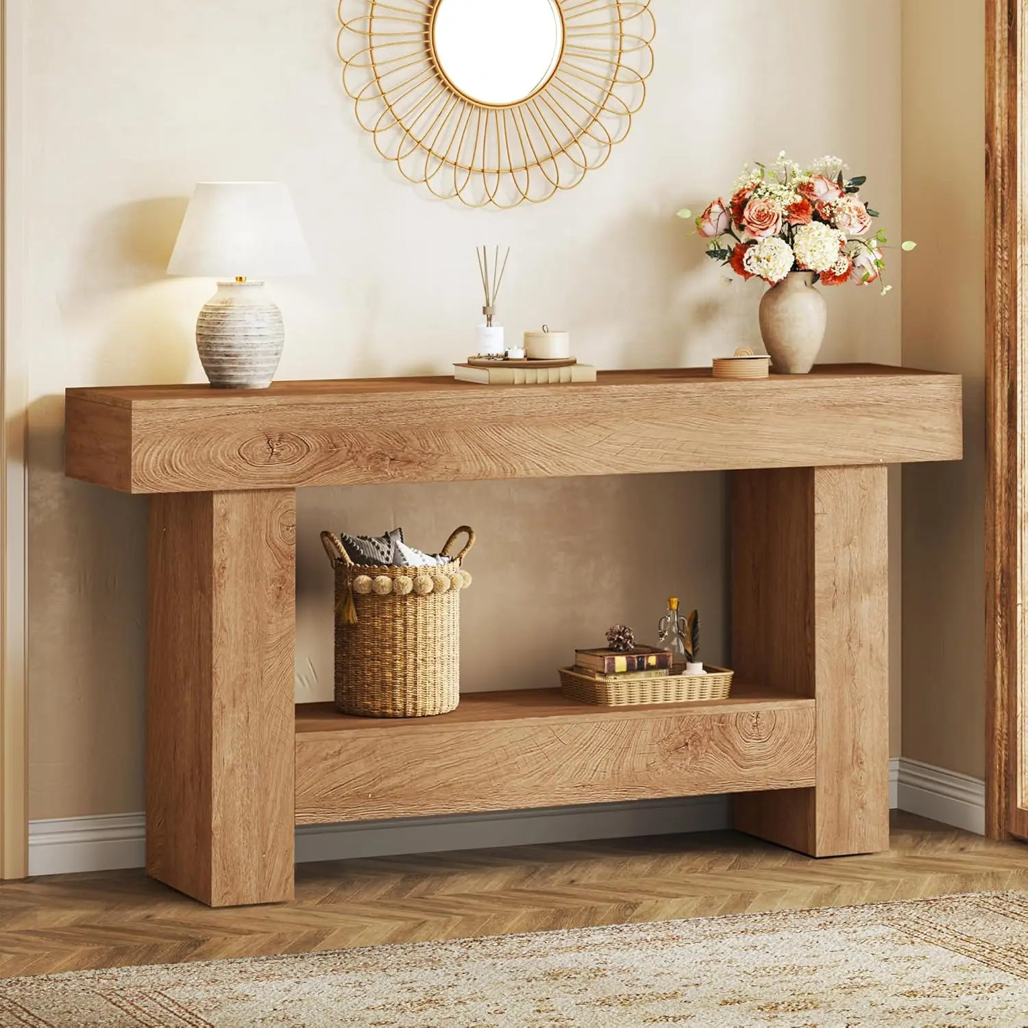 

63in Console Table Sofa Entryway Open Storage Farmhouse Living Room Hallway Oak, Customized