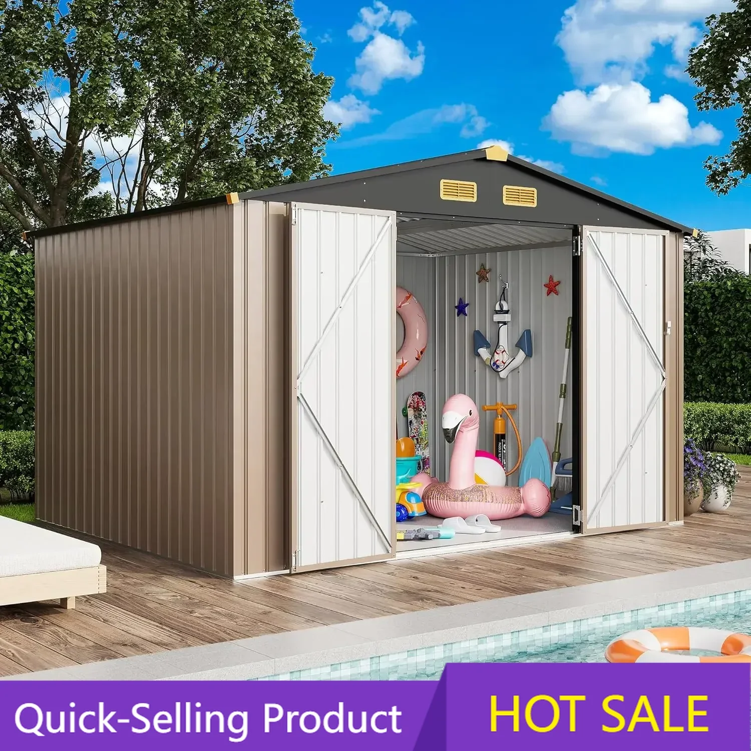 

Акция! Флеш-распродажа! Хит продаж! Уличный сарай для хранения 10x8 футов с вентиляционными отверстиями, оцинкованный стальной металлический сарай для инструментов с низким входом.