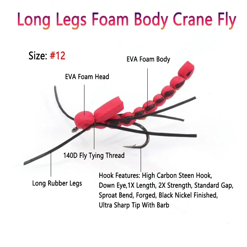 Bimoo 8PCS #12 Long Rubber Legs Foam Body Crane Fly Floating Dry Fly For Trout Grayling Perch Fishing Flies Baits Lures