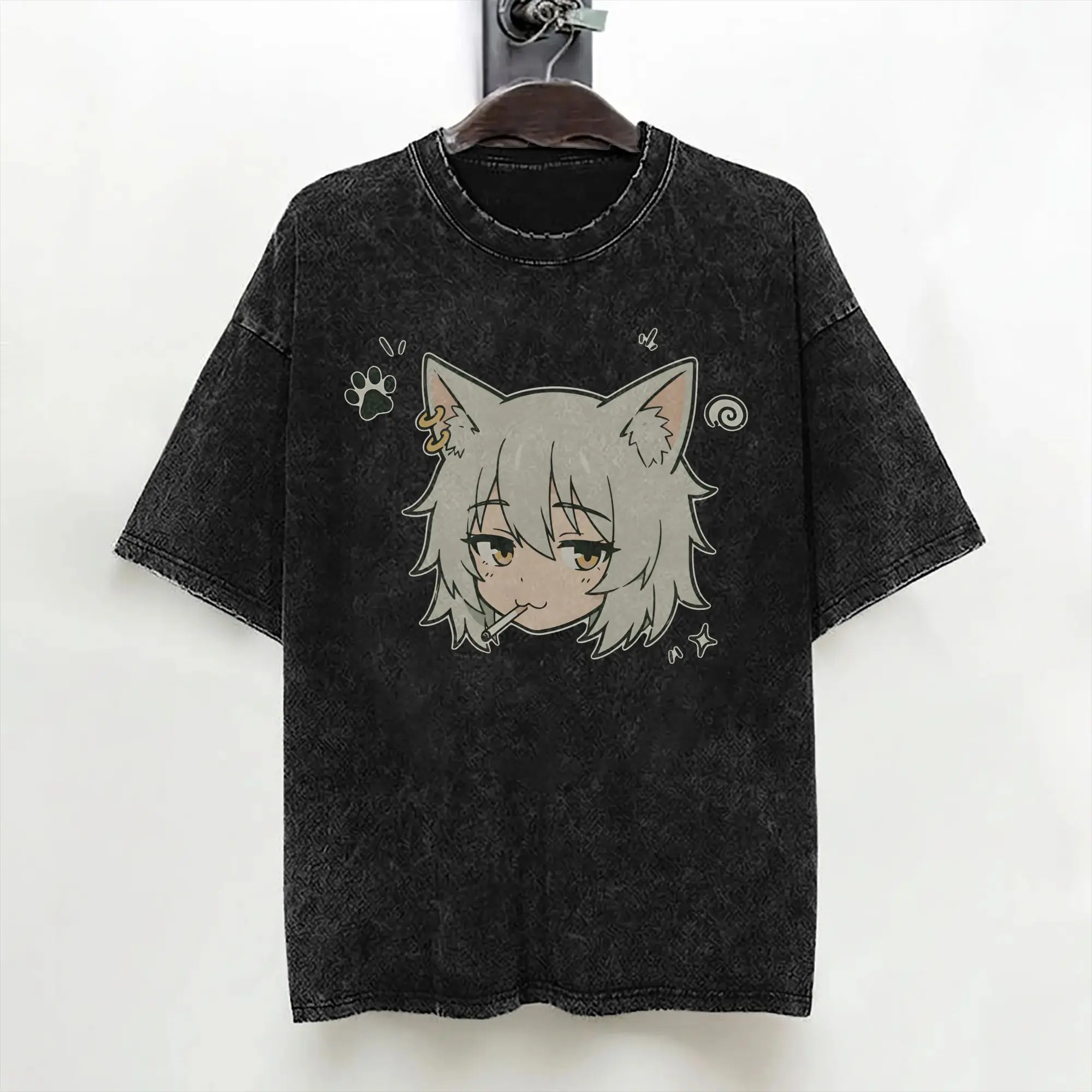 Chainsmoker Cat Yani Neko Anime T Shirt Washed Short Sleeve Harajuku T-Shirt  Vintage Men Women Streetwear Printed Tee Shirt