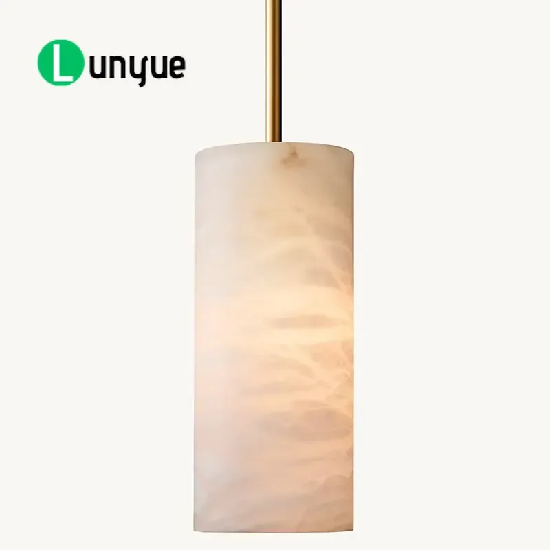 American Modern Alabaster Chandelier Cylindrical Lamp Post Light Fixture for Living Room Hotel Bar Counter Elegant Decor