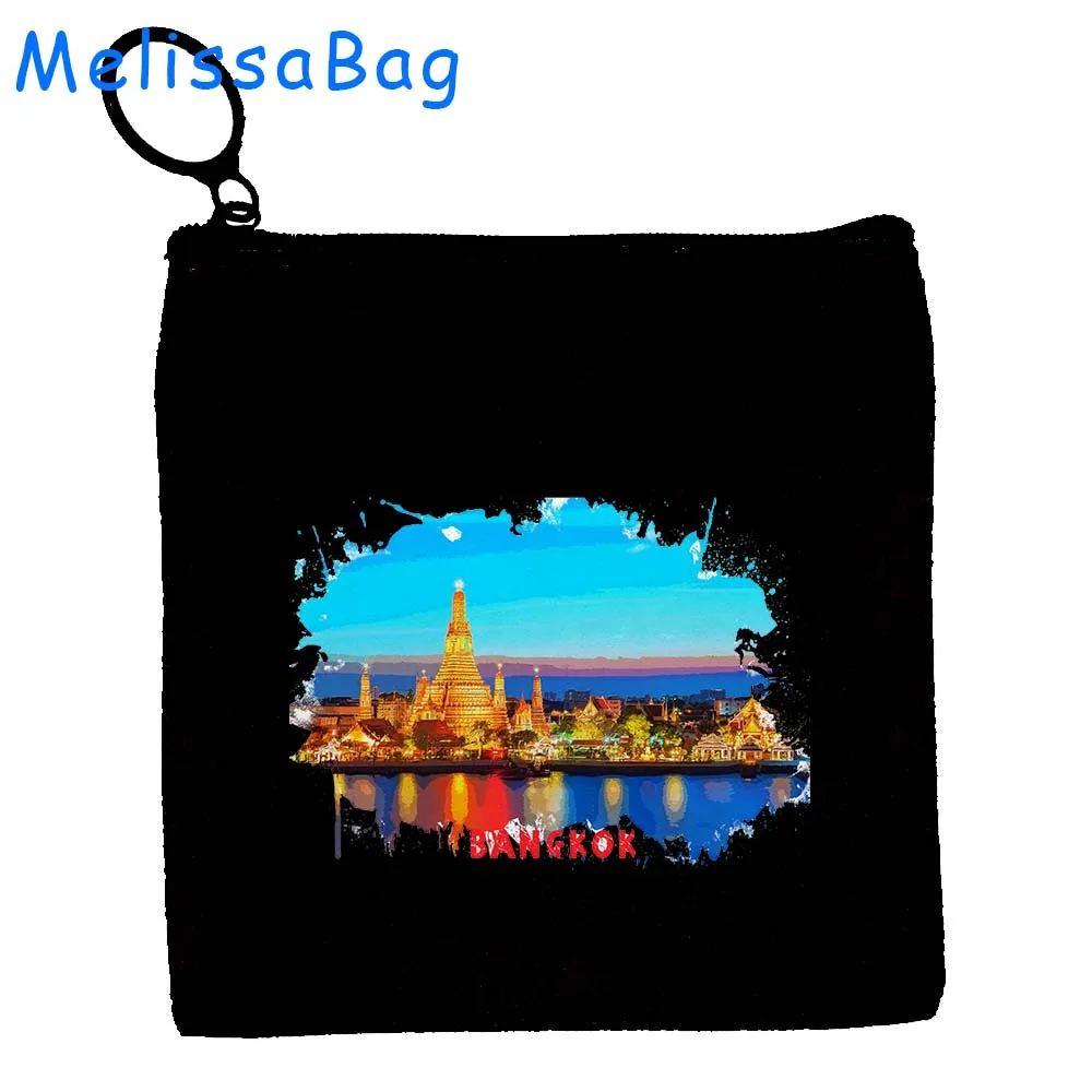 Bolso pequeño con cremallera para llaves, bolsa de lona con pintura de tinta de acuarela de Bangkok, Tailandia, Hanói, Vietnam, Havana, Cuba, regalo