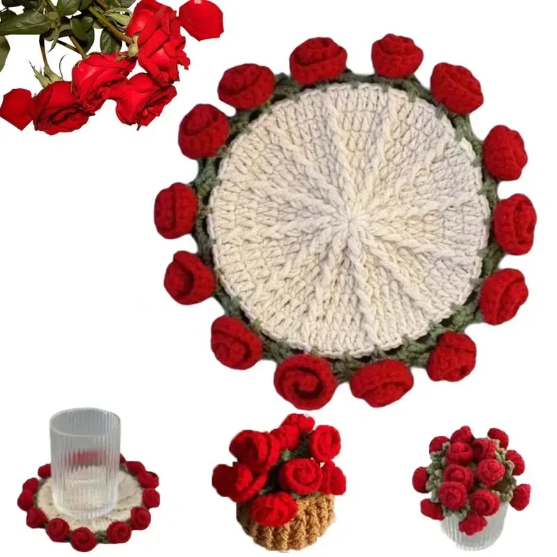 Set di sottobicchieri con fiori di rosa all'uncinetto a mano, decorazioni per la tavola resistenti al calore, regalo per la decorazione del tavolo da pranzo domestico, tappetino riutilizzabile