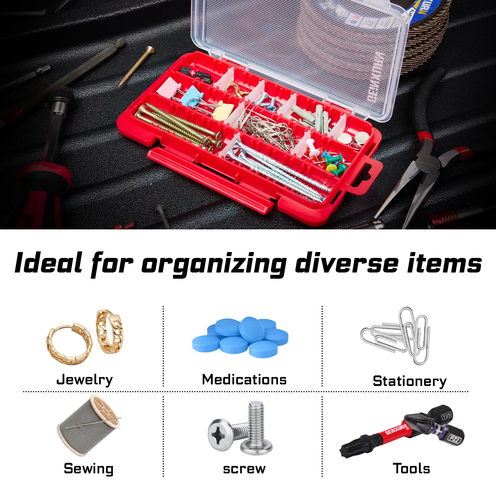 Geinxurn Small Flat Storage Parts Organizer,Red Portable Transparent Plastic Small Parts Tool Box with Removable Dividers