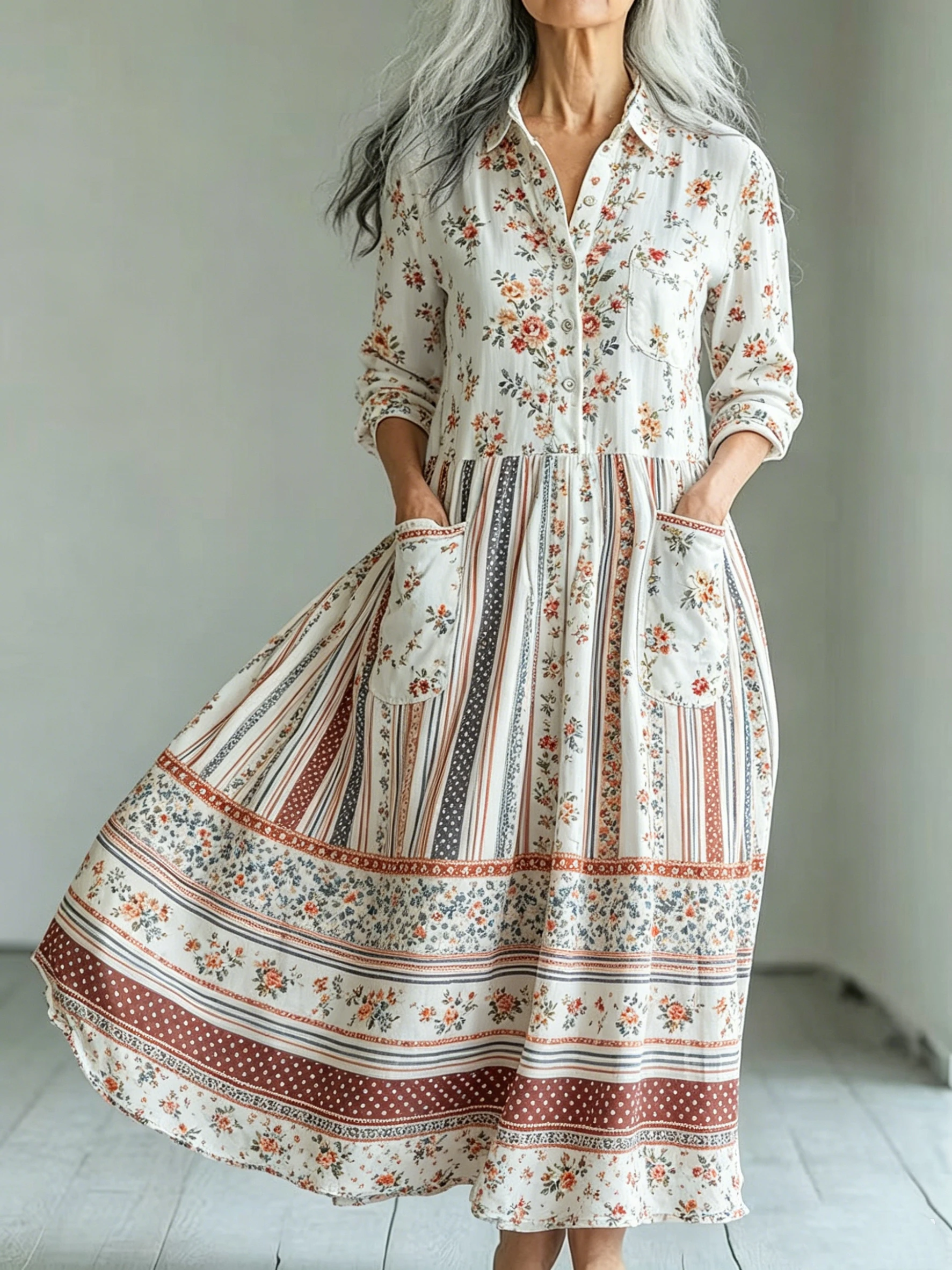 

2026 Exotic Folk Pattern Shirt Dress Ladies Front Button Loose Fit Long Maxi Dress Boho Resort Casual Streetwear