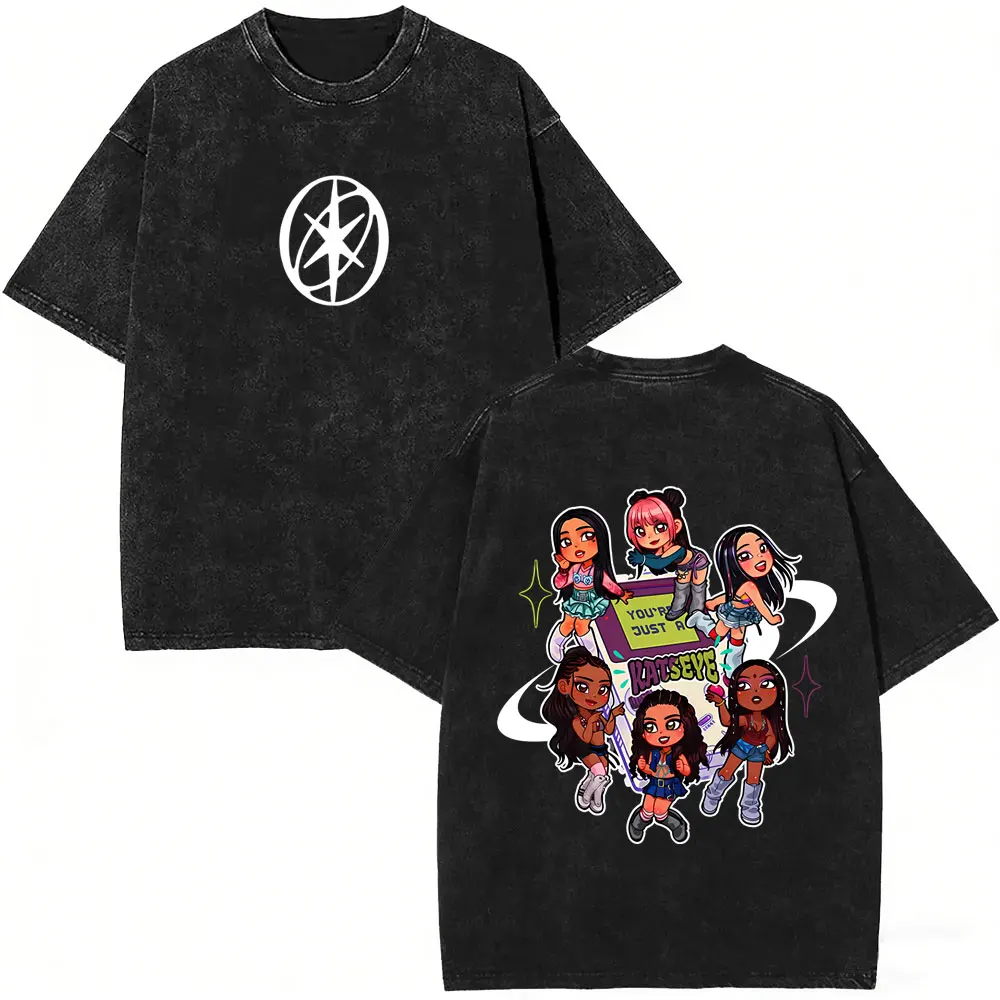Korean Band KATSEYE Washed Vintage T-shirt Funny Cartoon Merch T Shirts Men Women Kpop Fashion Trend T-shirts Unisex Streetwear