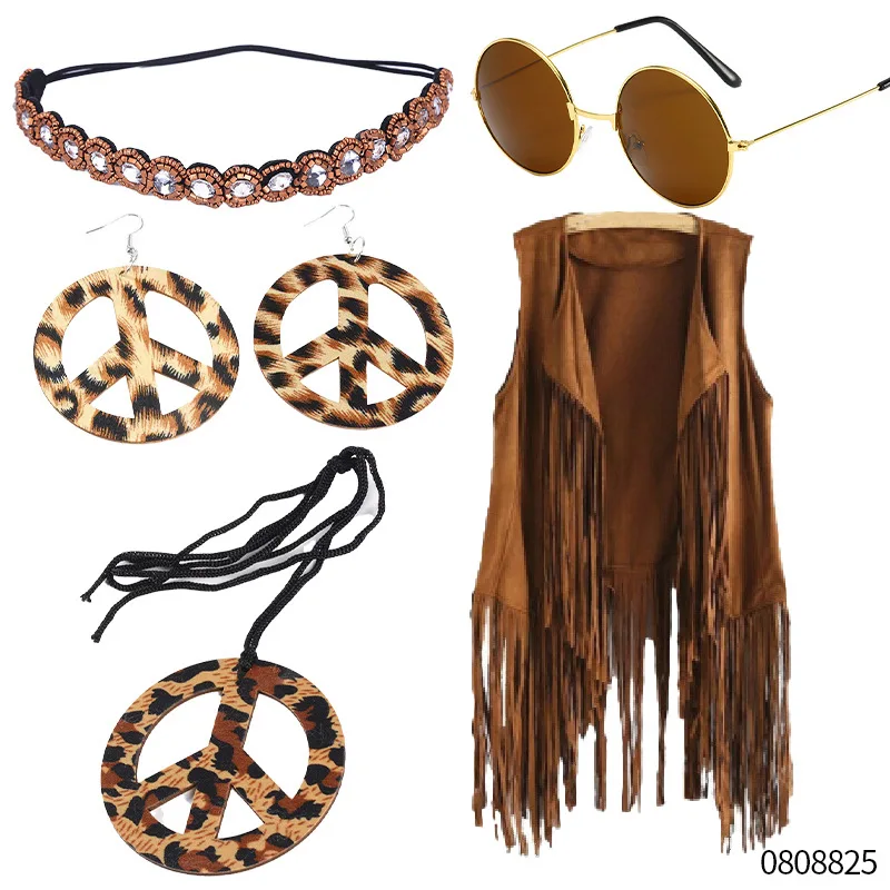 60s 70s Hippie Costume for Women Peace Sign Earring Necklace Headband Fringe Vest Tassel Cardiga Disfraz Halloween Mujer