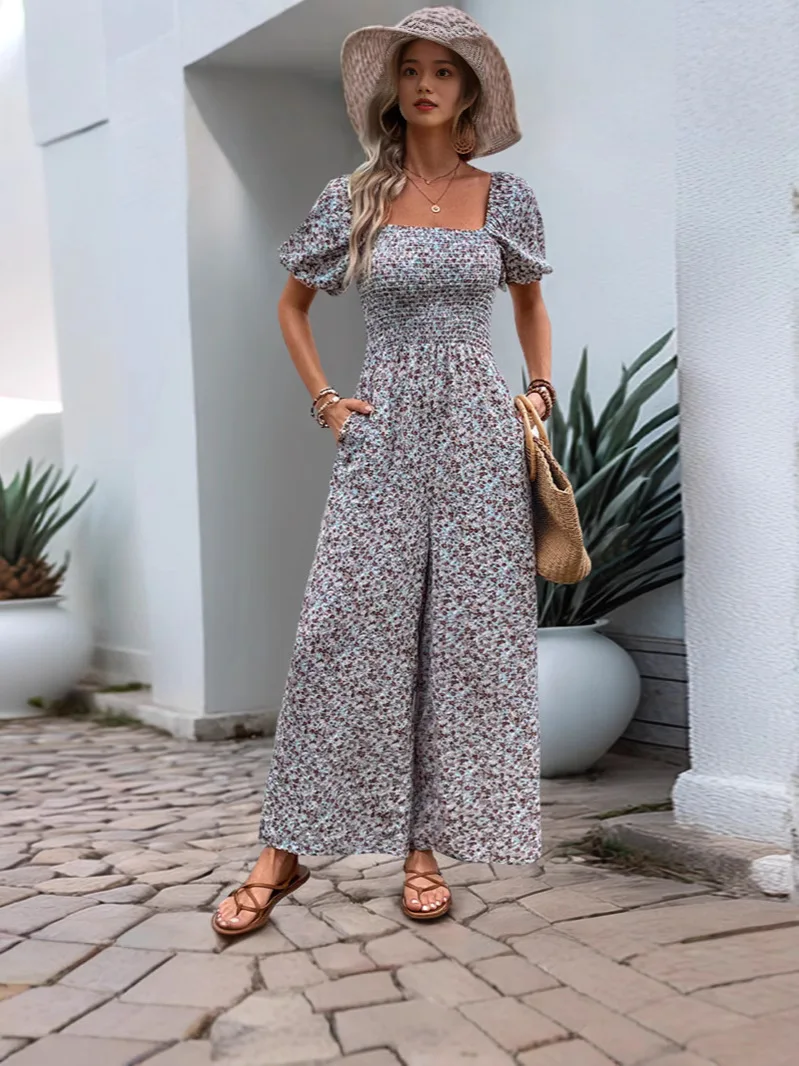 2026年夏 レディースジャンプスーツ 高級パフスリーブ ワイドレッグパンツ、バケーションスタイルの花柄プリント
