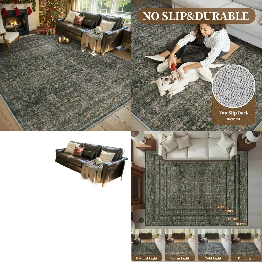 

5x7 Vintage Green Area Rugs - Soft Distressed Print for Living Spaces, Non-Slip & Machine Washable