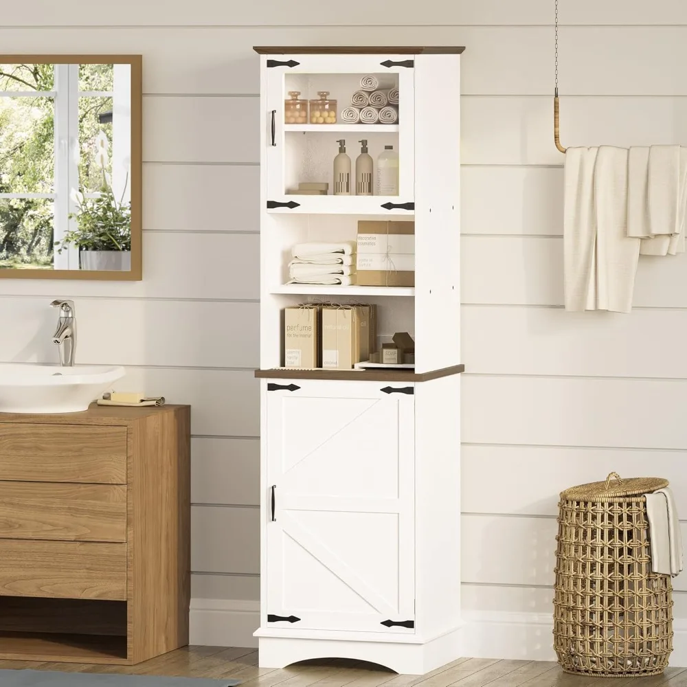 

High Bathroom Cabinet, Farmhouse Storage Cabinet with LED Lights and Adjustable Shelves, Independent Narrow Cabinet