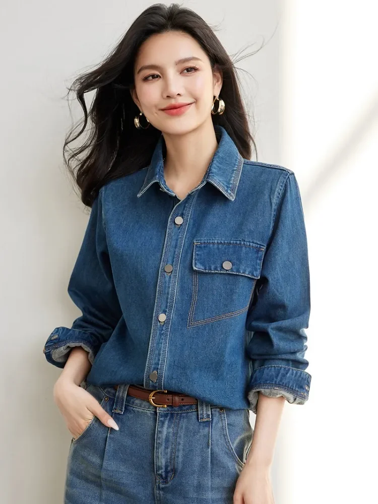 

Blue Denim Shirt, Women'S Spring And Autumn Single Pocket Design, Layered And Worn Retro Loose Long Sleeved Top