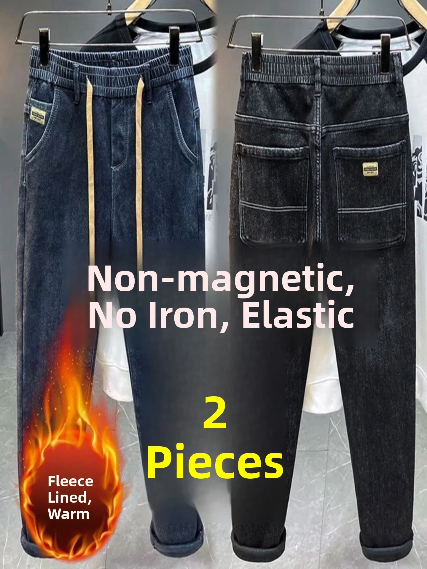 

Men's Fleece Lined Casual Work Jeans Elastic Wear Resistant Straight Leg Cotton Denim Trousers for Outdoor Commuting Leisure